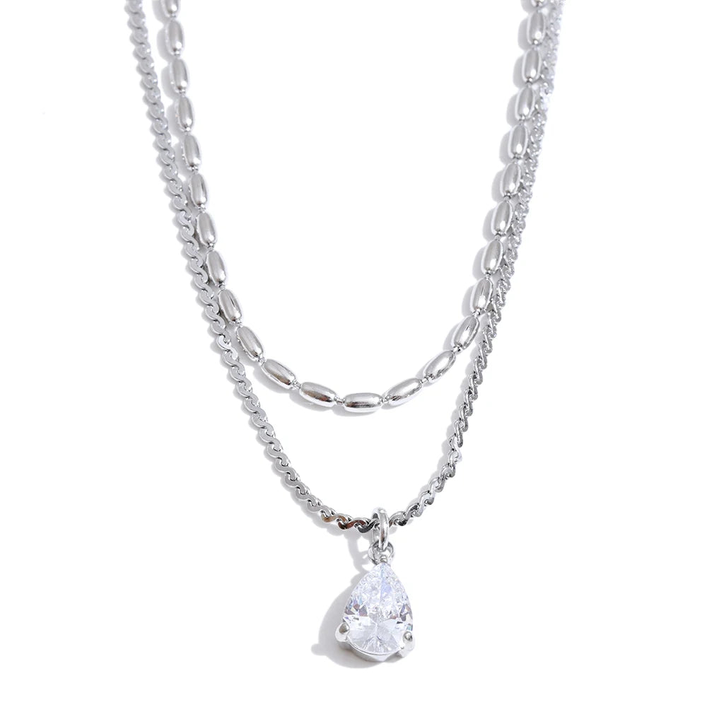 Doppelkette mit Zirkonia-Tropfen, silberfarben – Charmhabit
