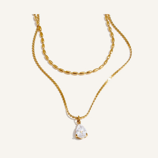 Layered necklace with cubic zirconia drop, gold tone – Charmhabit