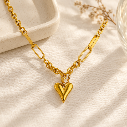 Goudkleurige ketting met hartvormige hanger op licht linnen in een warme setting