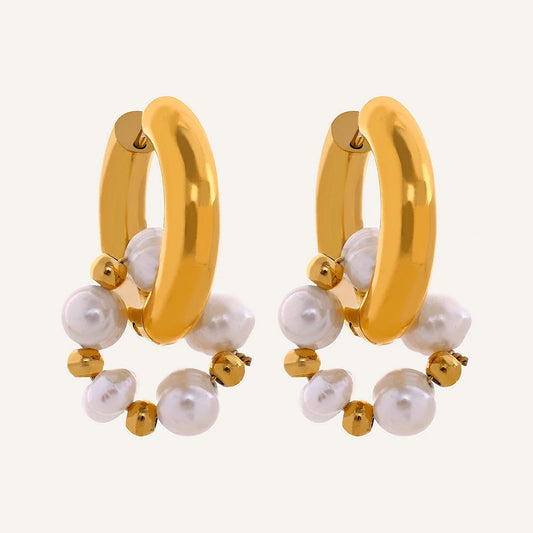Huggie hoops with pearls, gold tone, on a light background – Charmhabit