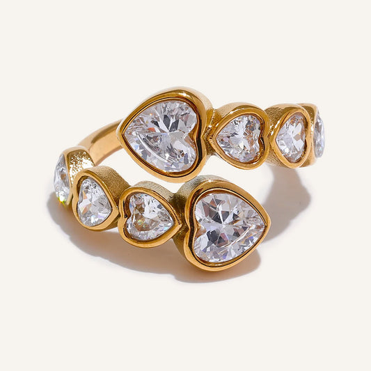 Open ring with cubic zirconia hearts, clear, on a light background – Charmhabit