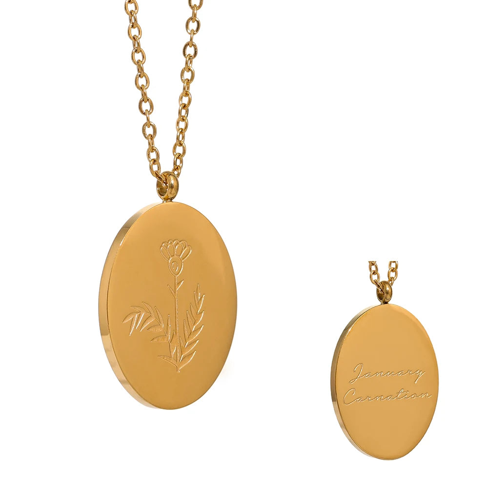 Geboortebloemketting, Goud, Januari met bloemgravure en achterzijde