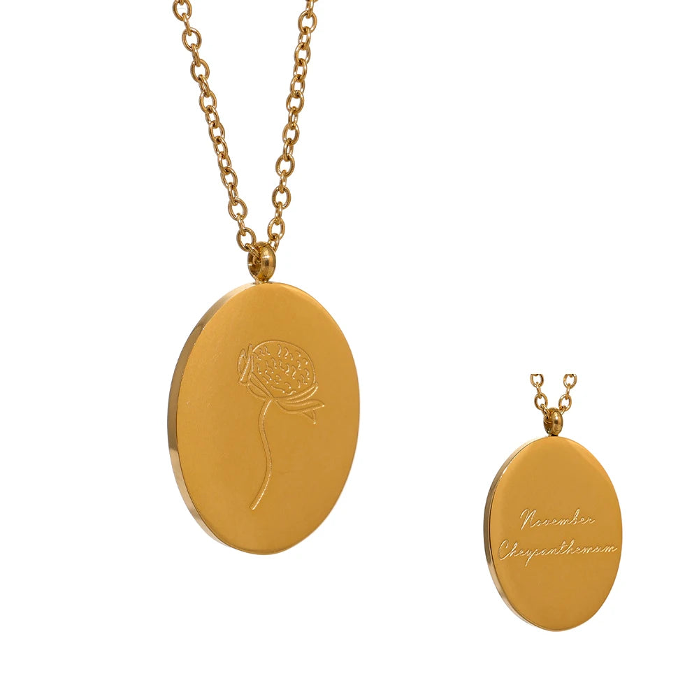 Geboortebloemketting, Goud, November met bloemgravure en achterzijde