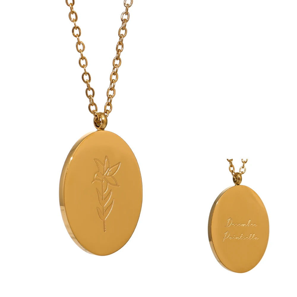 Geboortebloemketting, Goud, December met bloemgravure en achterzijde