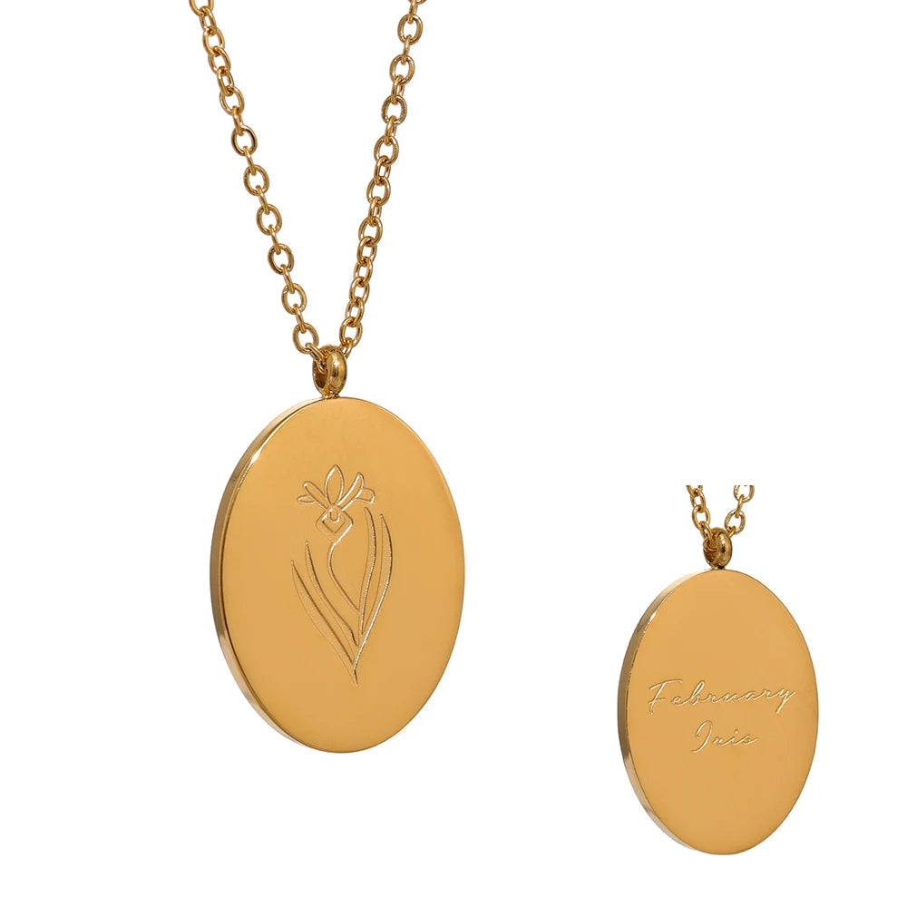 Geboortebloemketting, Goud, Februari met bloemgravure en achterzijde