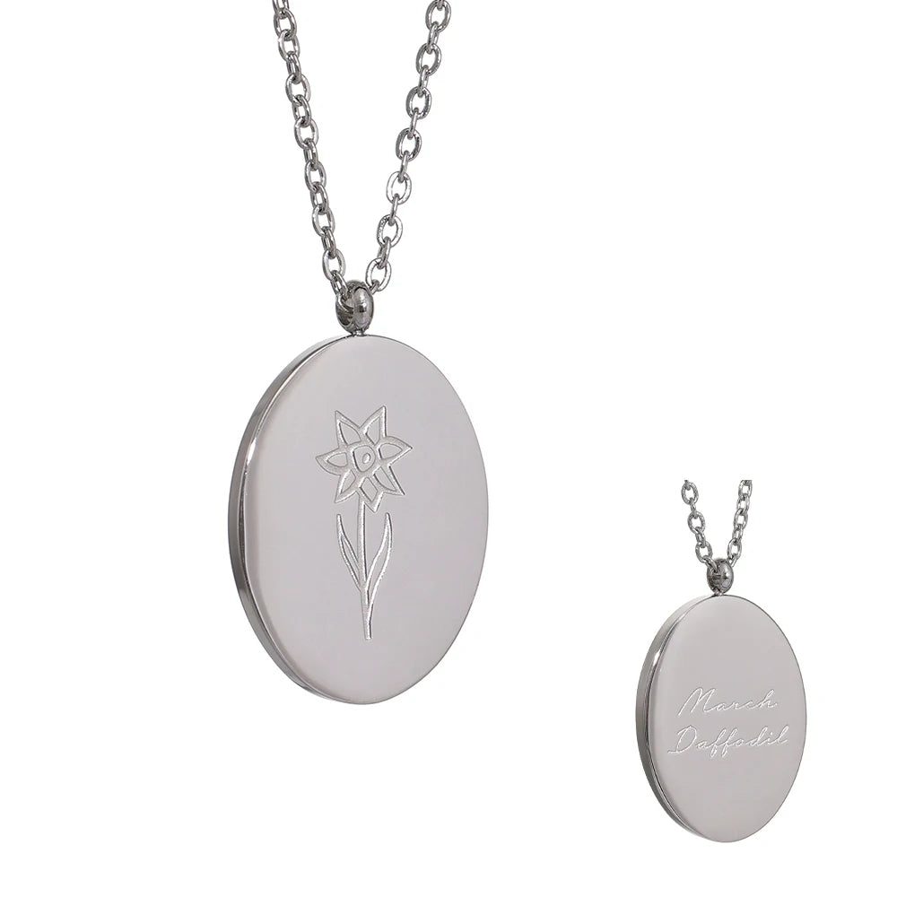 Geboortebloemketting, Zilver, Maart met bloemgravure en achterzijde
