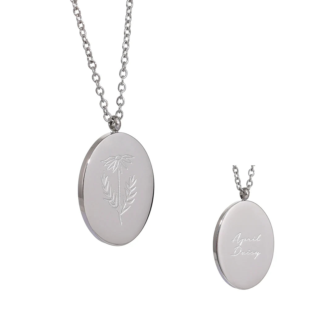 Geboortebloemketting, Zilver, April met bloemgravure en achterzijde