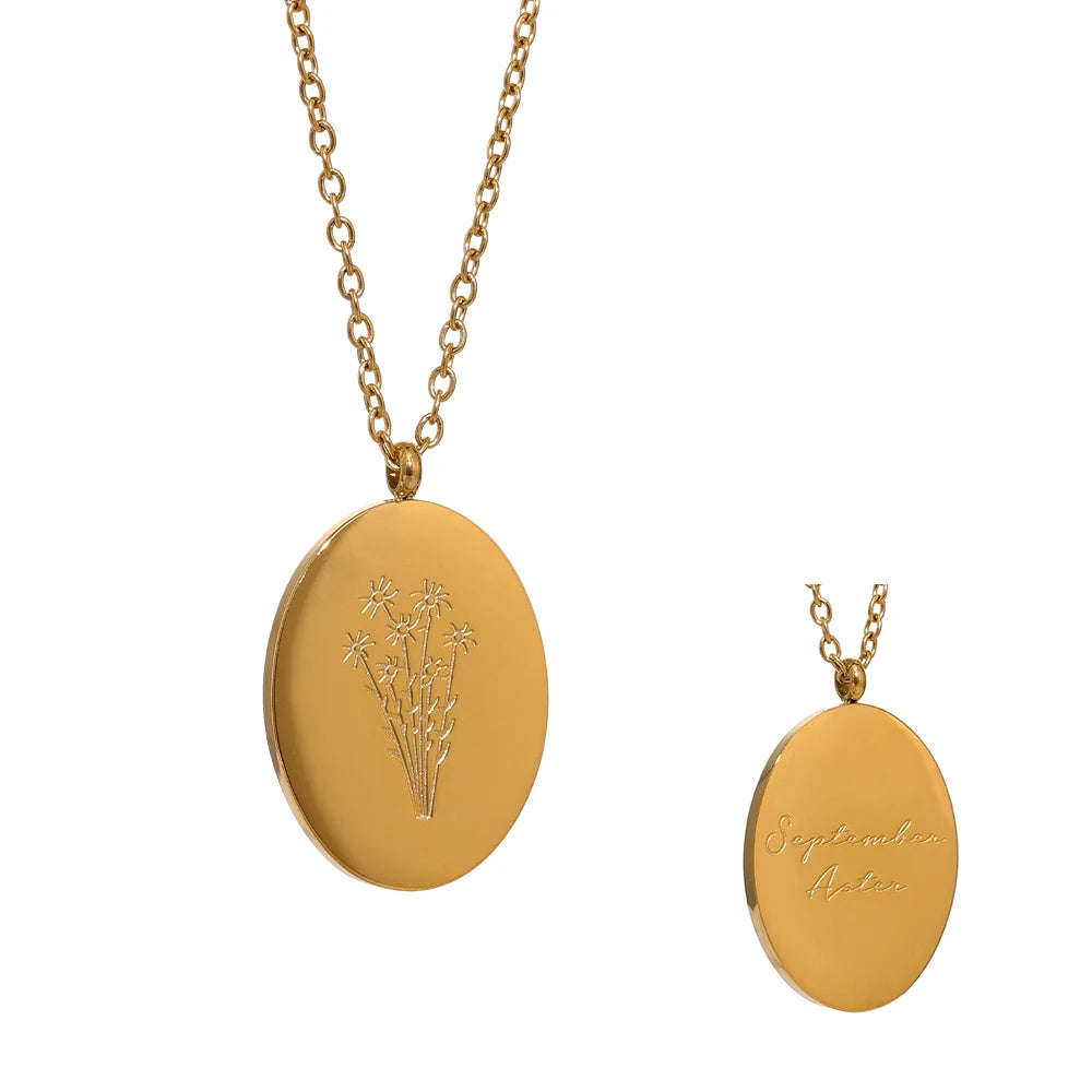 Geboortebloemketting, Goud, September met bloemgravure en achterzijde