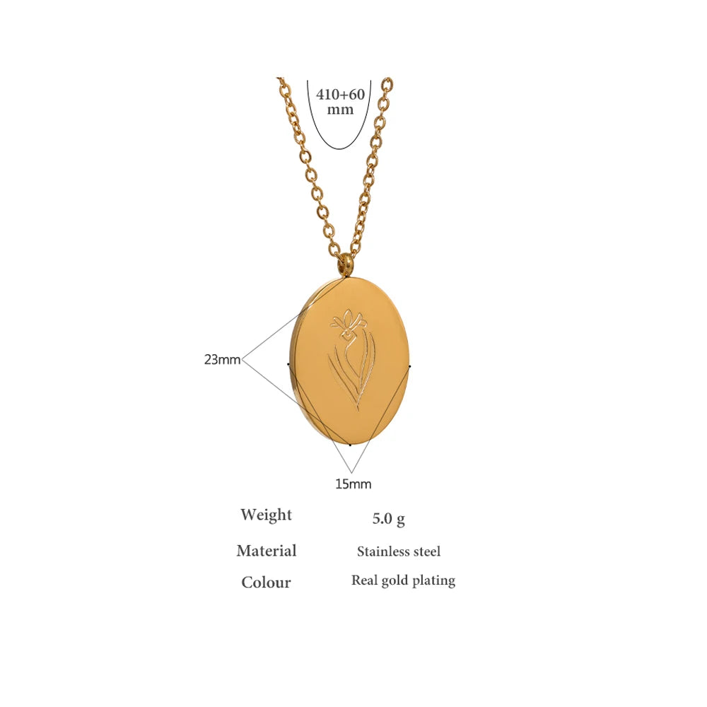 Maatafbeelding van de geboortebloemketting en ovale hanger