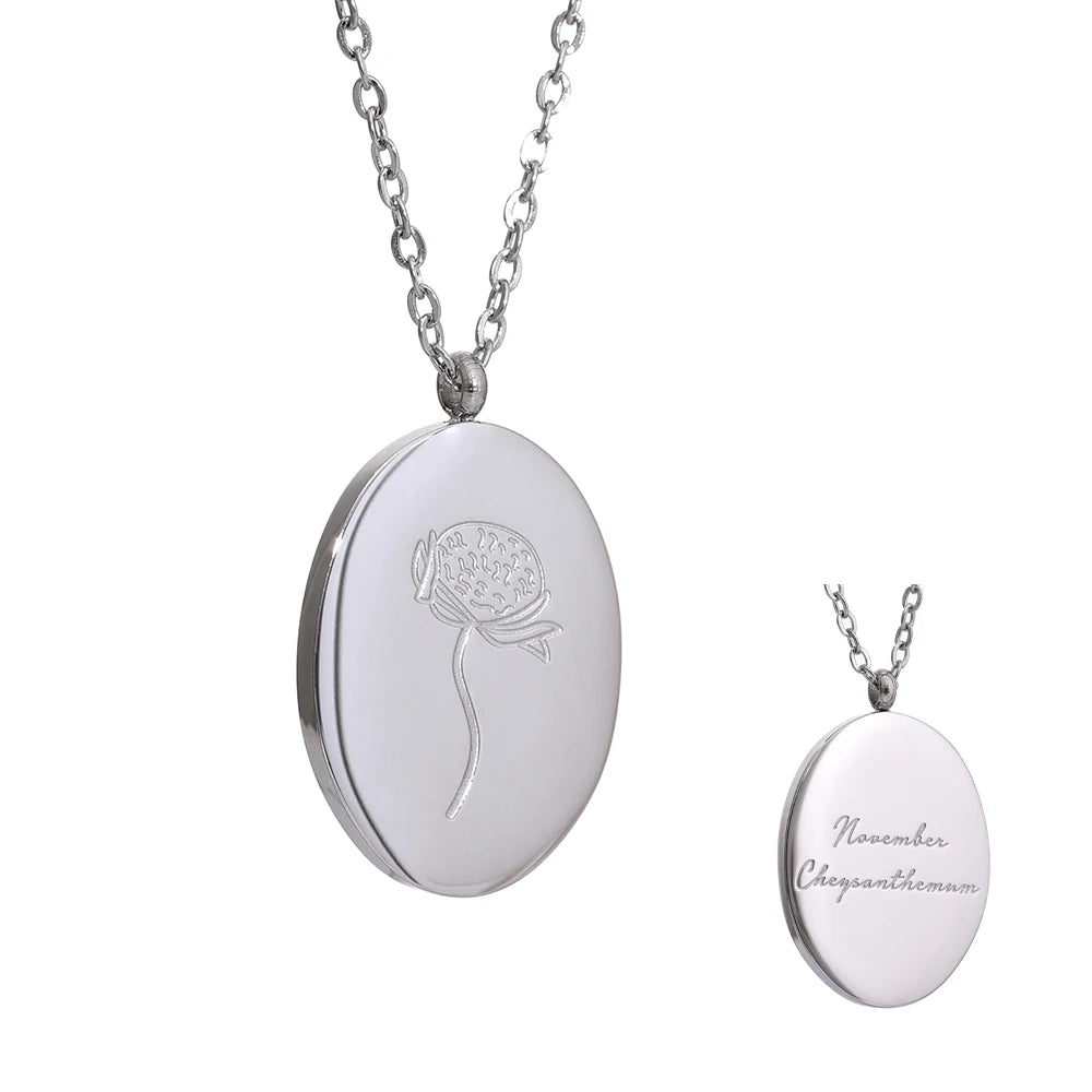 Geboortebloemketting, Zilver, November met bloemgravure en achterzijde