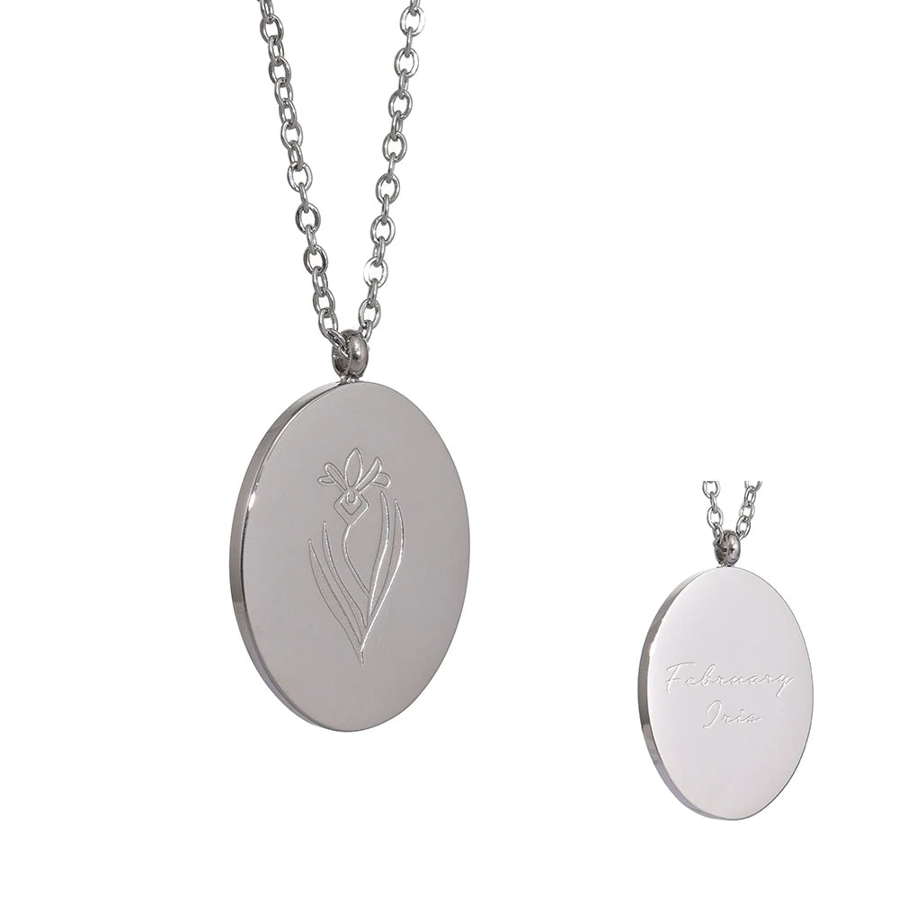 Geboortebloemketting, Zilver, Februari met bloemgravure en achterzijde