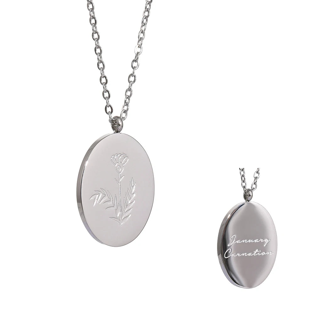 Geboortebloemketting, Zilver, Januari met bloemgravure en achterzijde