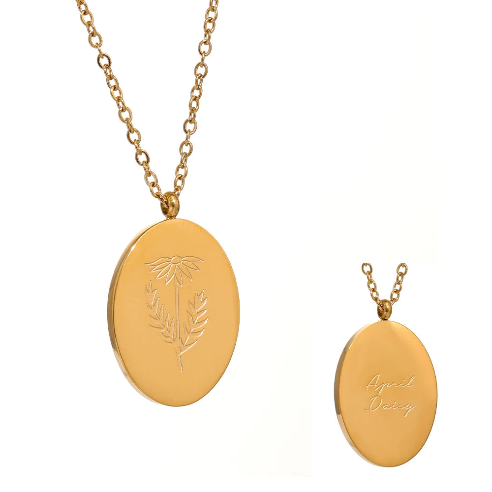 Geboortebloemketting, Goud, April met bloemgravure en achterzijde