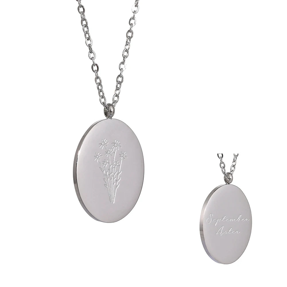 Geboortebloemketting, Zilver, September met bloemgravure en achterzijde