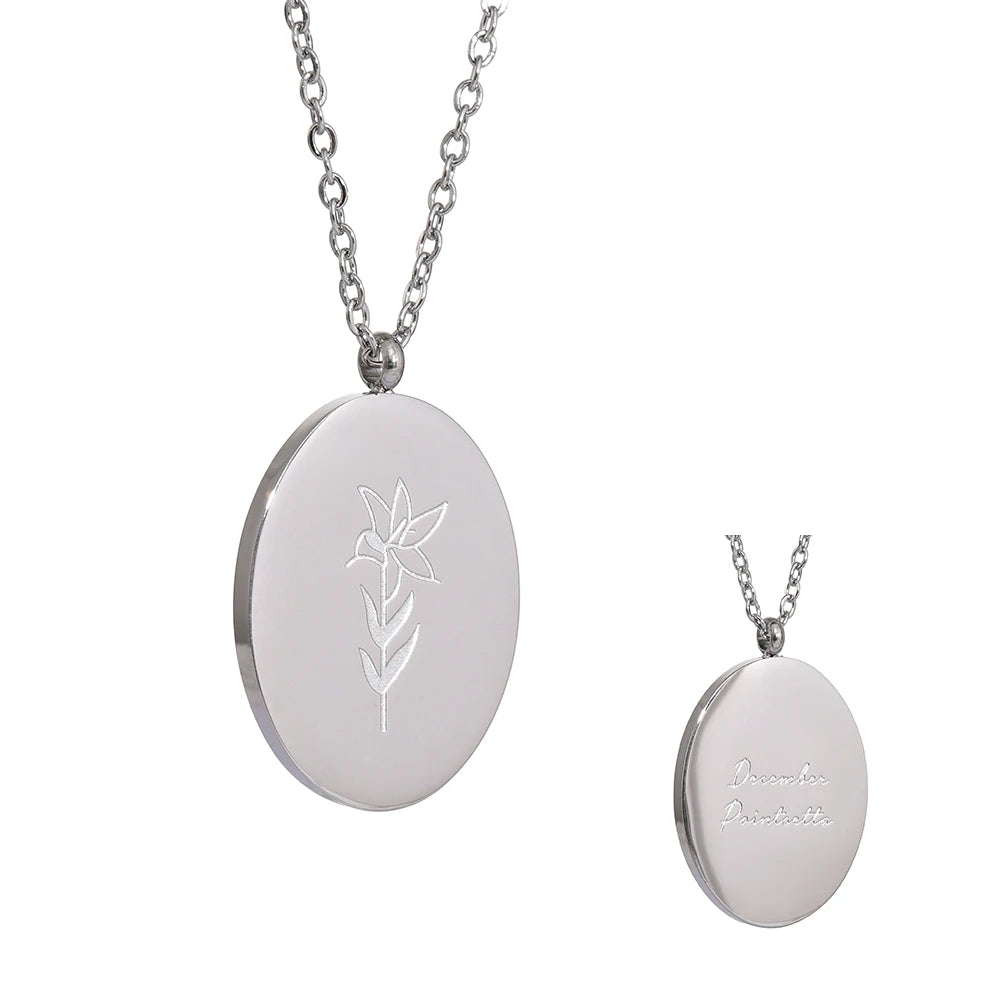 Geboortebloemketting, Zilver, December met bloemgravure en achterzijde