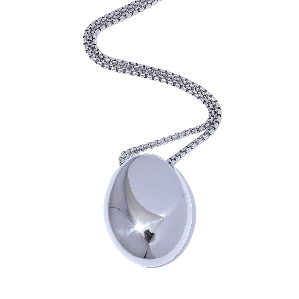 Long collier à pendentif ovale lisse, argenté – Charmhabit