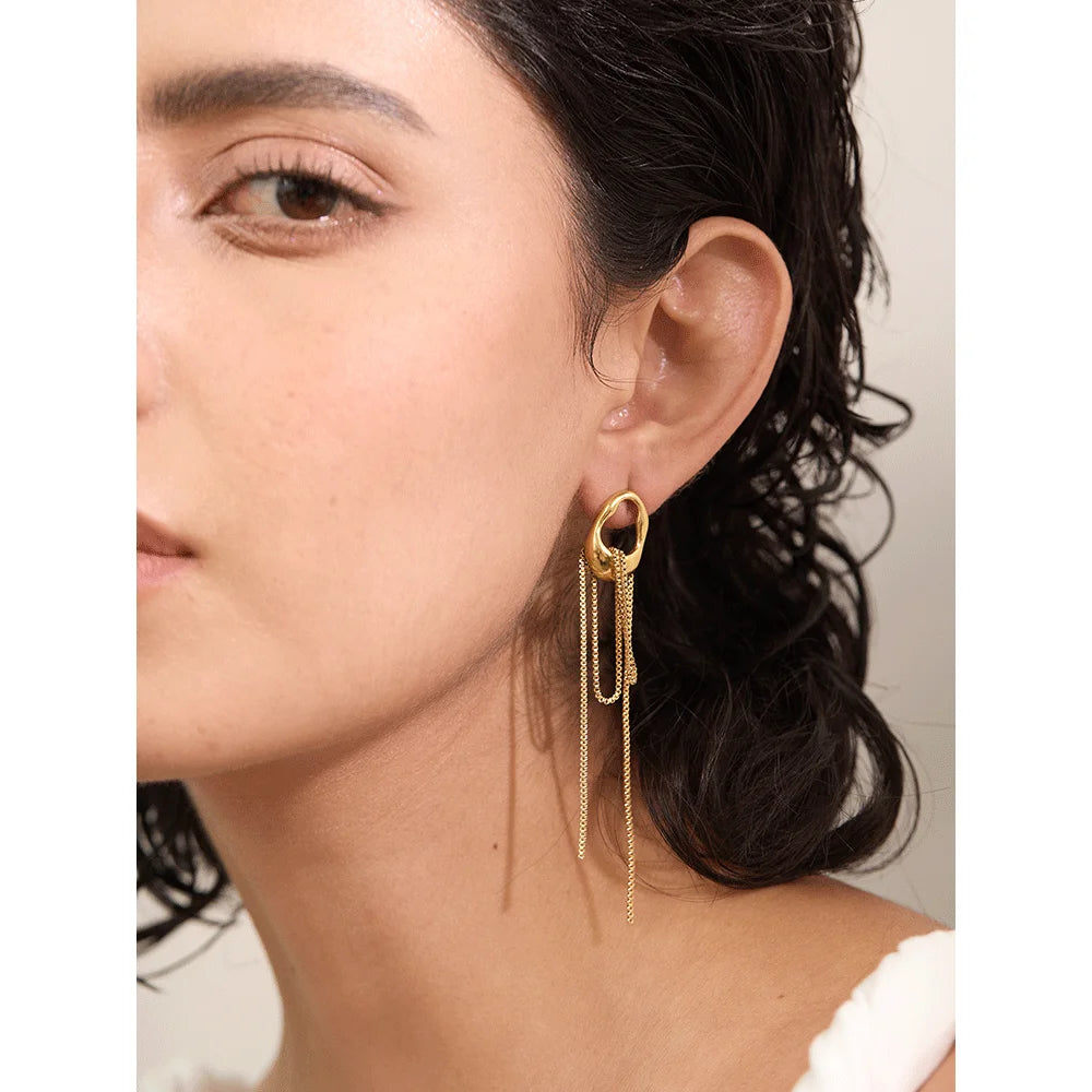 Long drop earrings with chains, gold tone, worn – Charmhabit