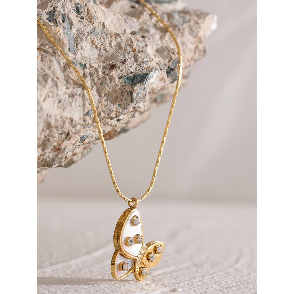 Shell and cubic zirconia butterfly necklace, styled shot – Charmhabit