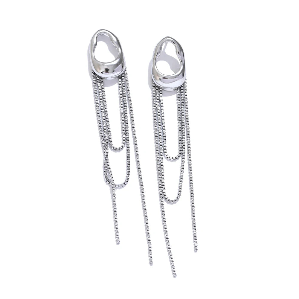 Long drop earrings with chains, silver tone, on a light background – Charmhabit