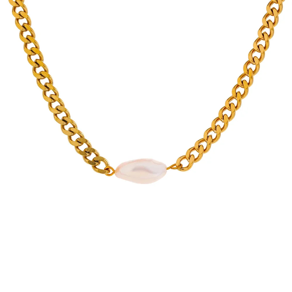 Curb chain necklace with pearl, gold – Charmhabit