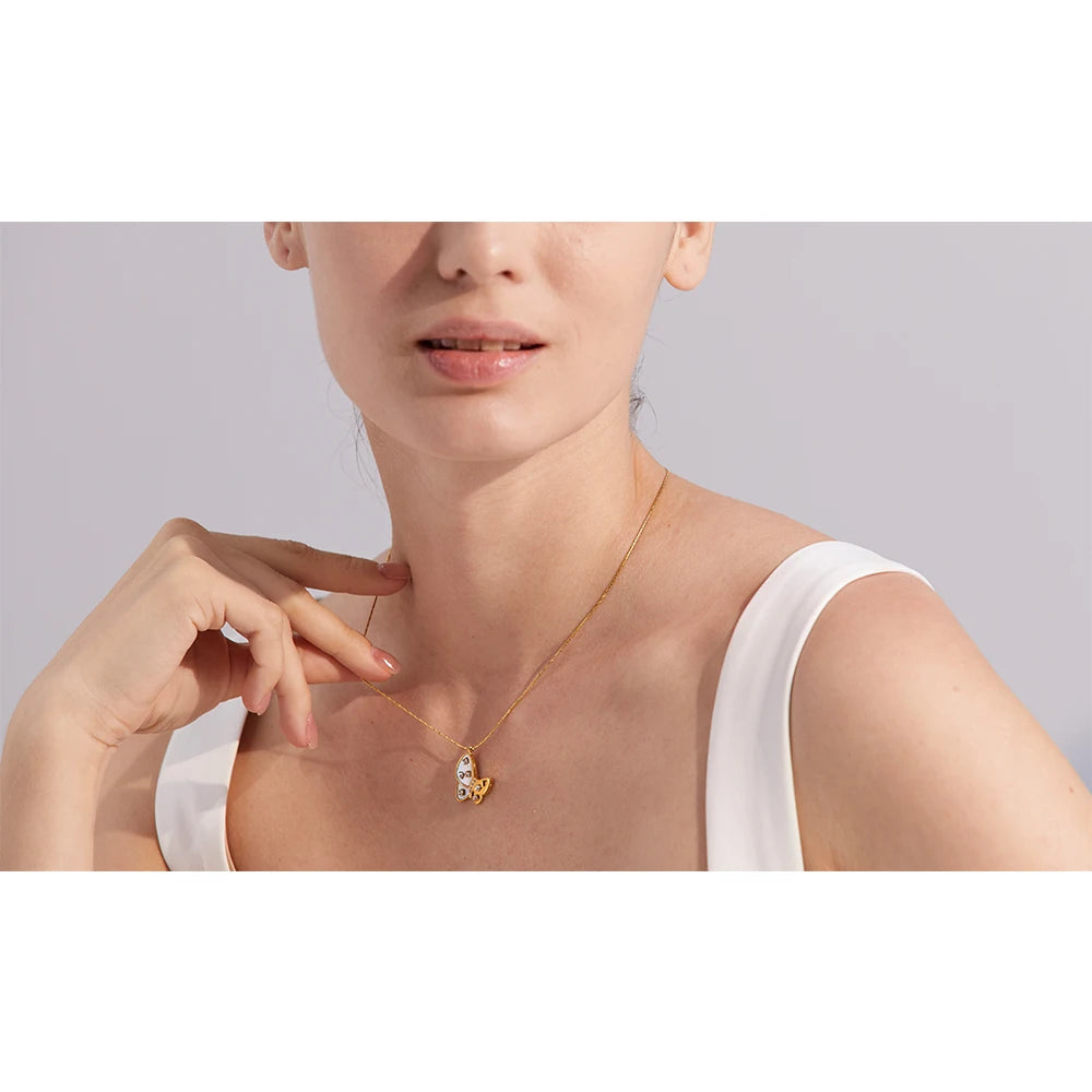 Shell and cubic zirconia butterfly necklace, worn – Charmhabit