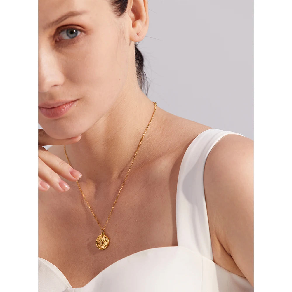 Sun and moon medallion necklace worn – Charmhabit