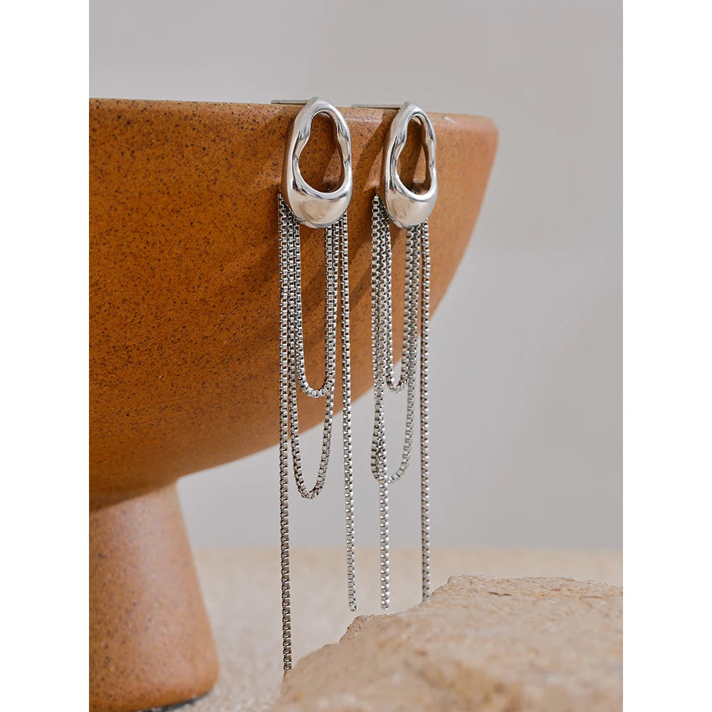 Long drop earrings with chains, silver tone, styled shot – Charmhabit