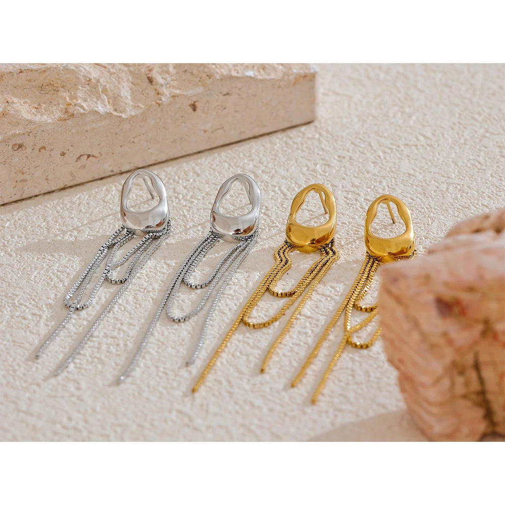 Long drop earrings with chains, gold tone and silver tone, styled shot – Charmhabit