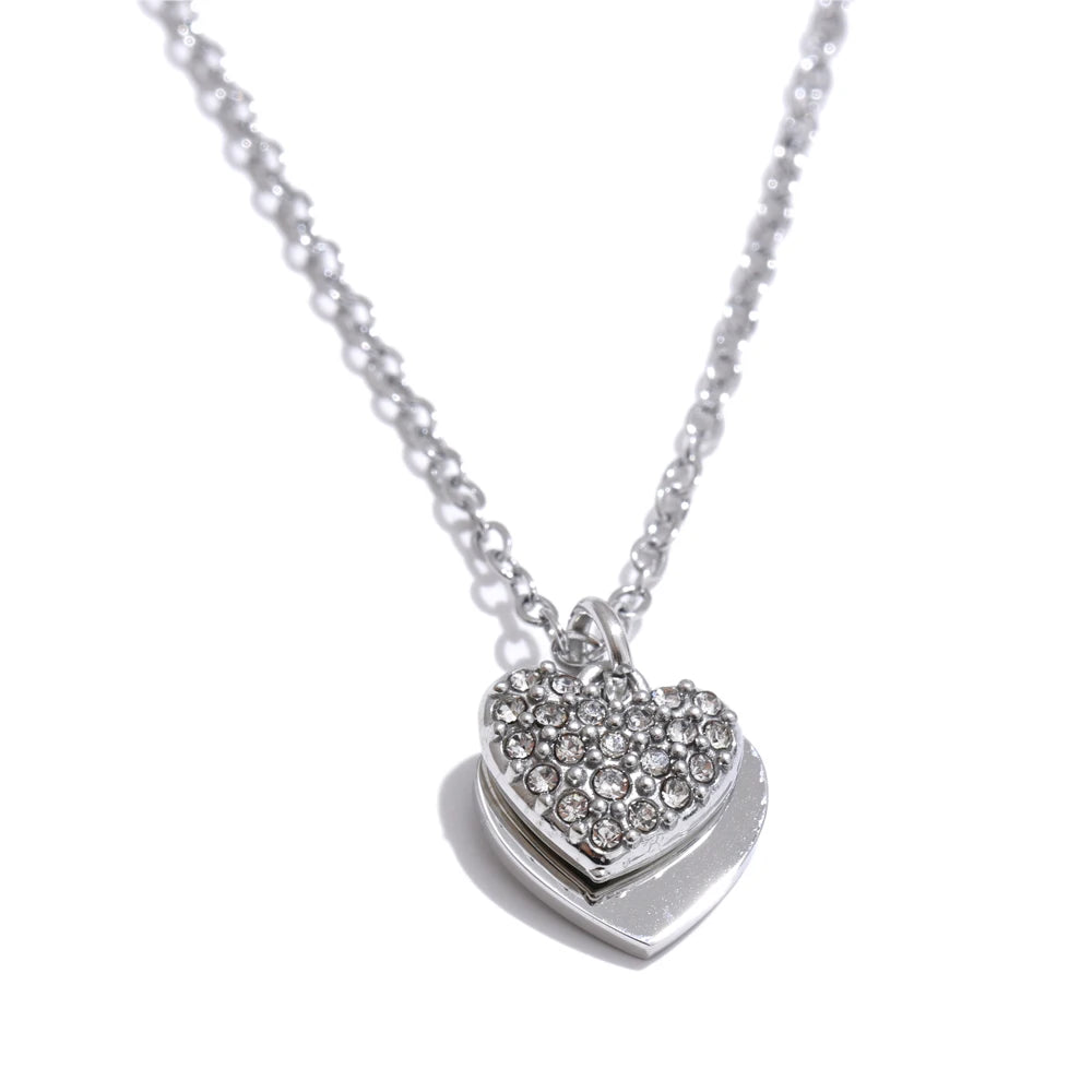Collier double avec cœurs et zircon, argenté – Charmhabit