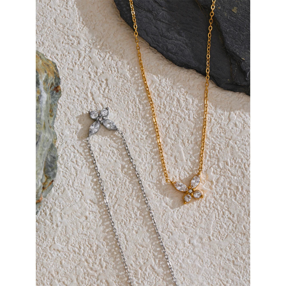 Butterfly necklace with cubic zirconia in gold and silver tones on stone – Charmhabit