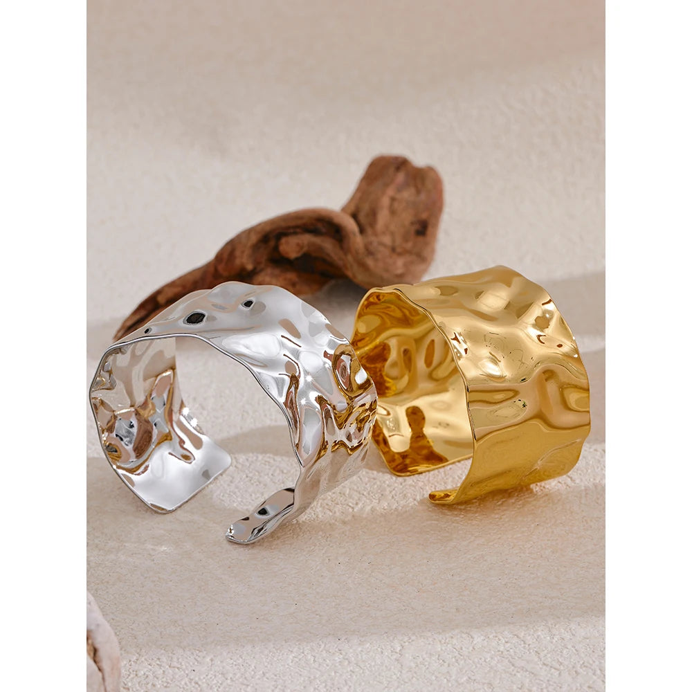 Wide hammered cuff bracelet, gold and silver tone, styled shot – Charmhabit