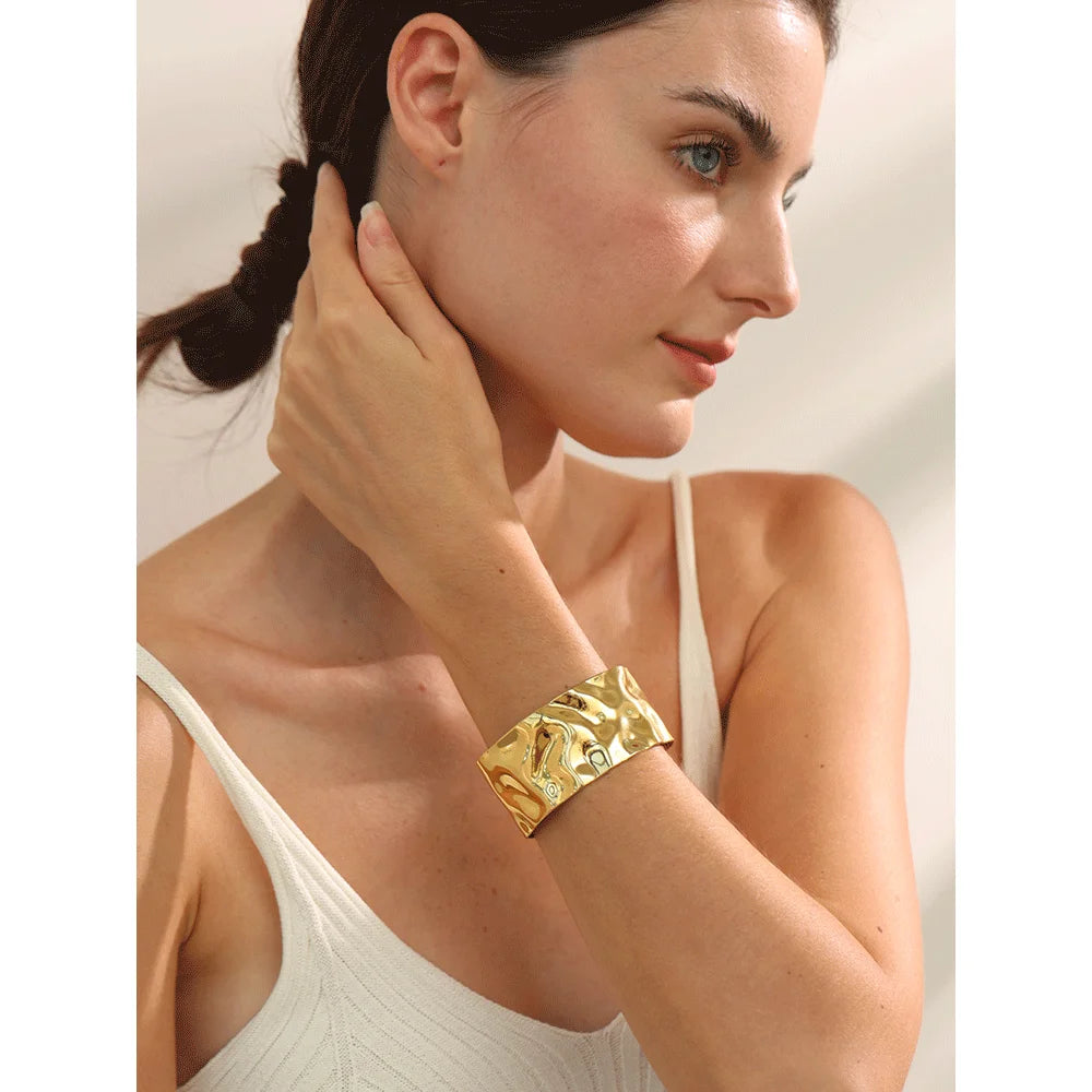 Wide hammered cuff bracelet, worn – Charmhabit