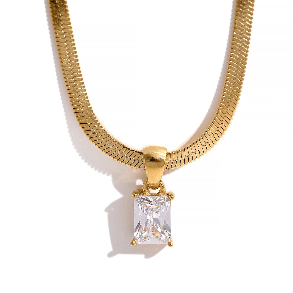 Snake chain with rectangular zirconia pendant, clear, on a light background – Charmhabit