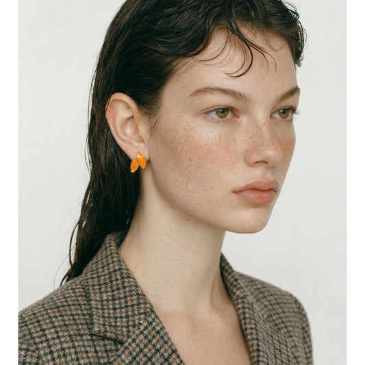 Enamel leaf stud earrings, worn – Charmhabit