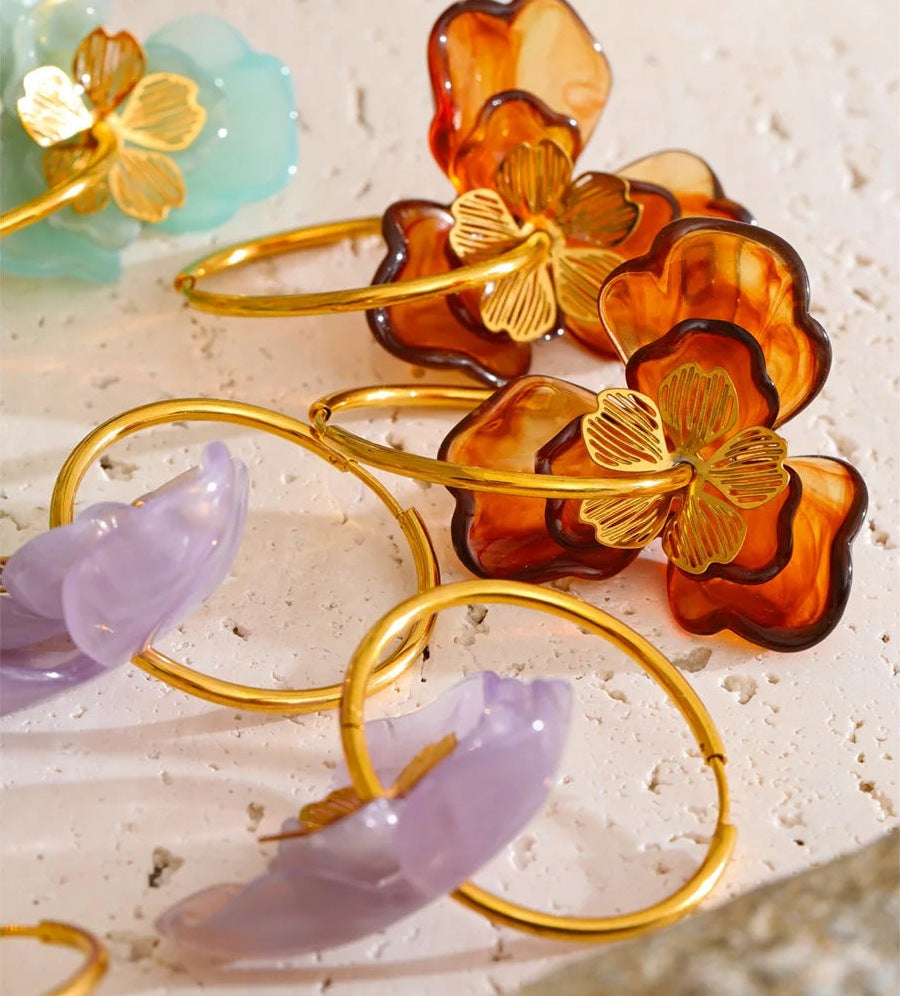 Resin flower hoop earrings in amber, purple and mint – Charmhabit
