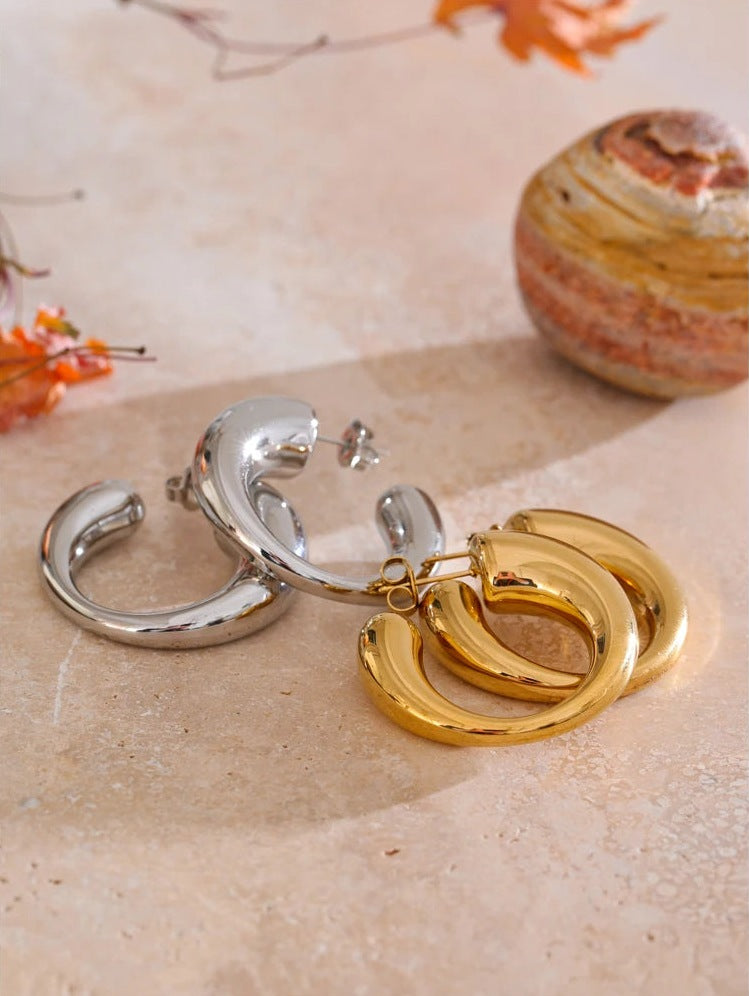 Chunky C-shaped hoop earrings, worn, second image – Charmhabit