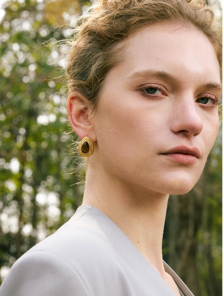 Drop stud earrings with a stone, worn, close-up – Charmhabit