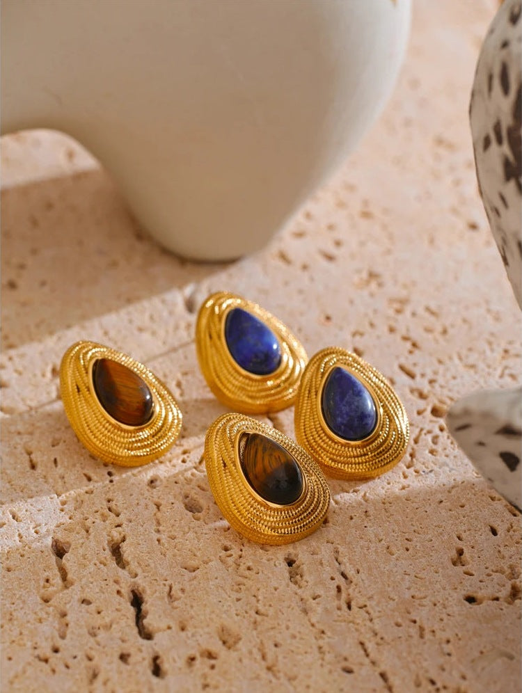 Drop stud earrings with tiger’s eye and lapis lazuli on light stone – Charmhabit