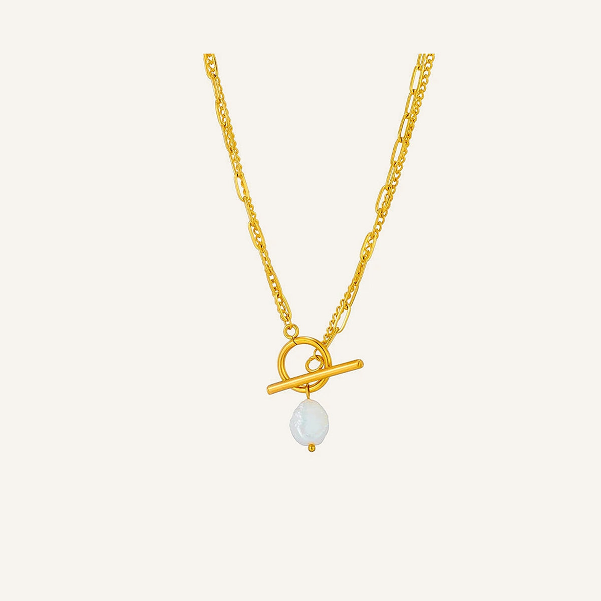 Doppelkette mit Perlenanhänger und T-Verschluss, goldfarben, auf hellem Hintergrund – Charmhabit