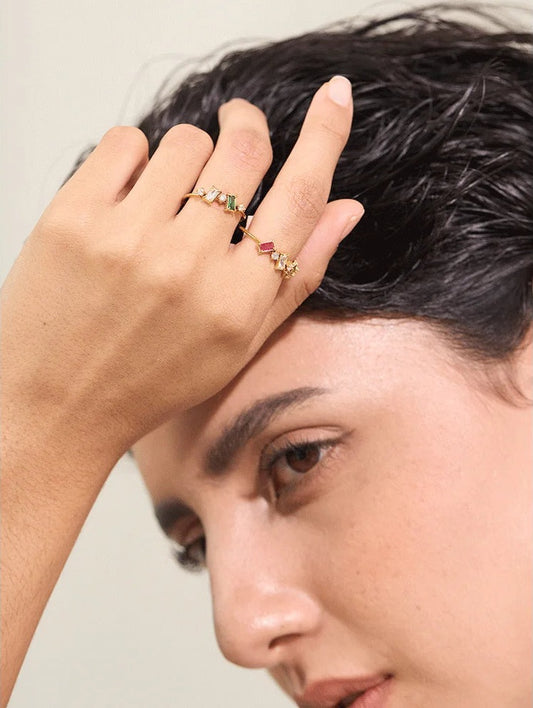 Slim ring with colourful cubic zirconia, worn – Charmhabit