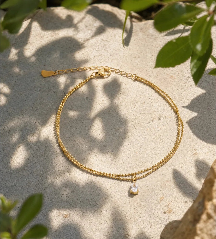 Double anklet with cubic zirconia drop on stone – Charmhabit