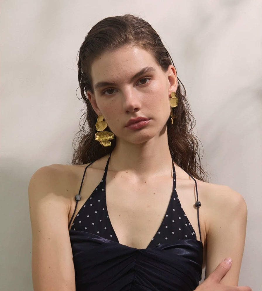 Hammered statement drop earrings, worn – Charmhabit