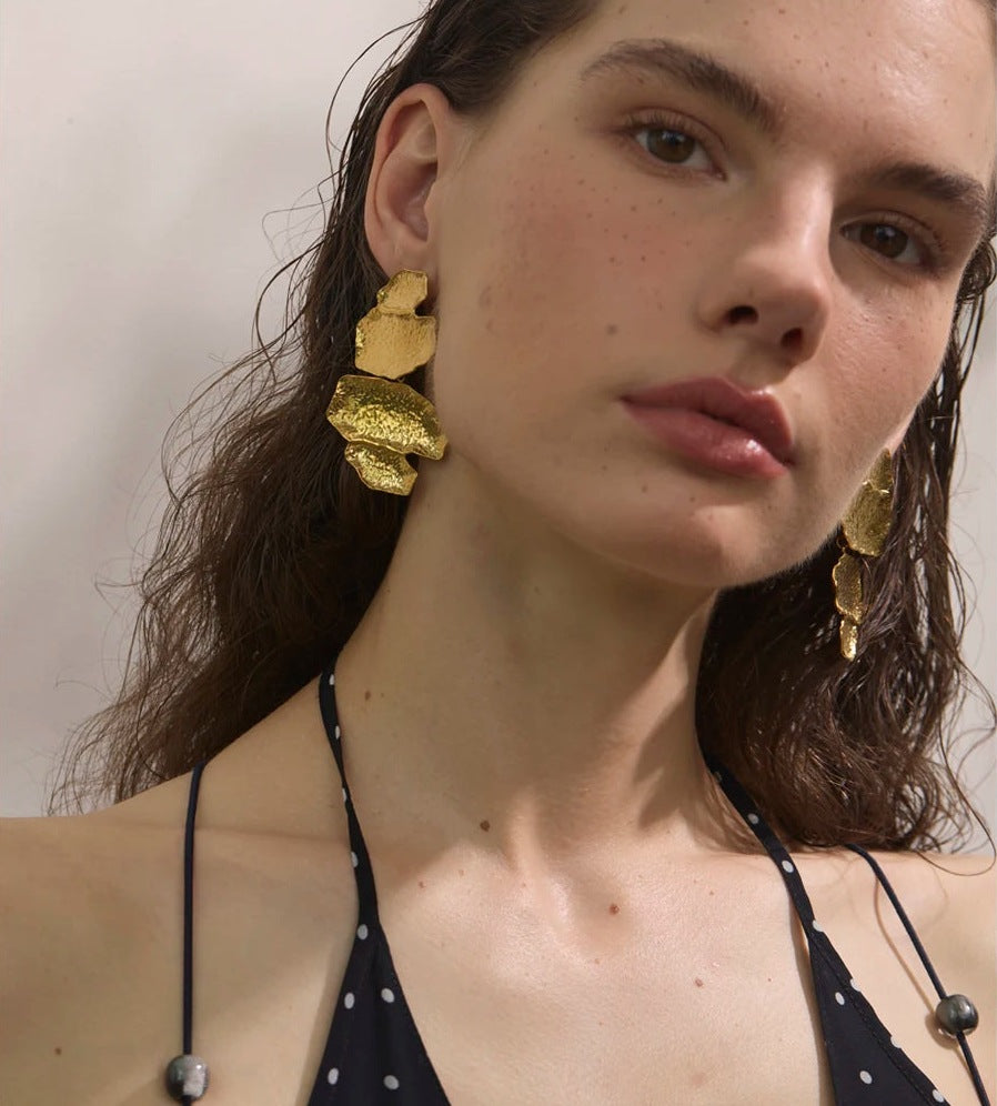 Hammered statement drop earrings, close-up, worn – Charmhabit