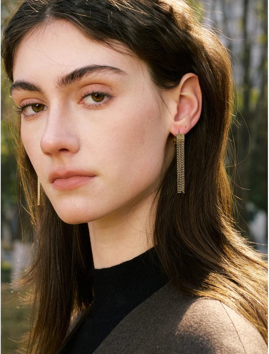 Huggie hoops with ball chain fringe, worn – Charmhabit