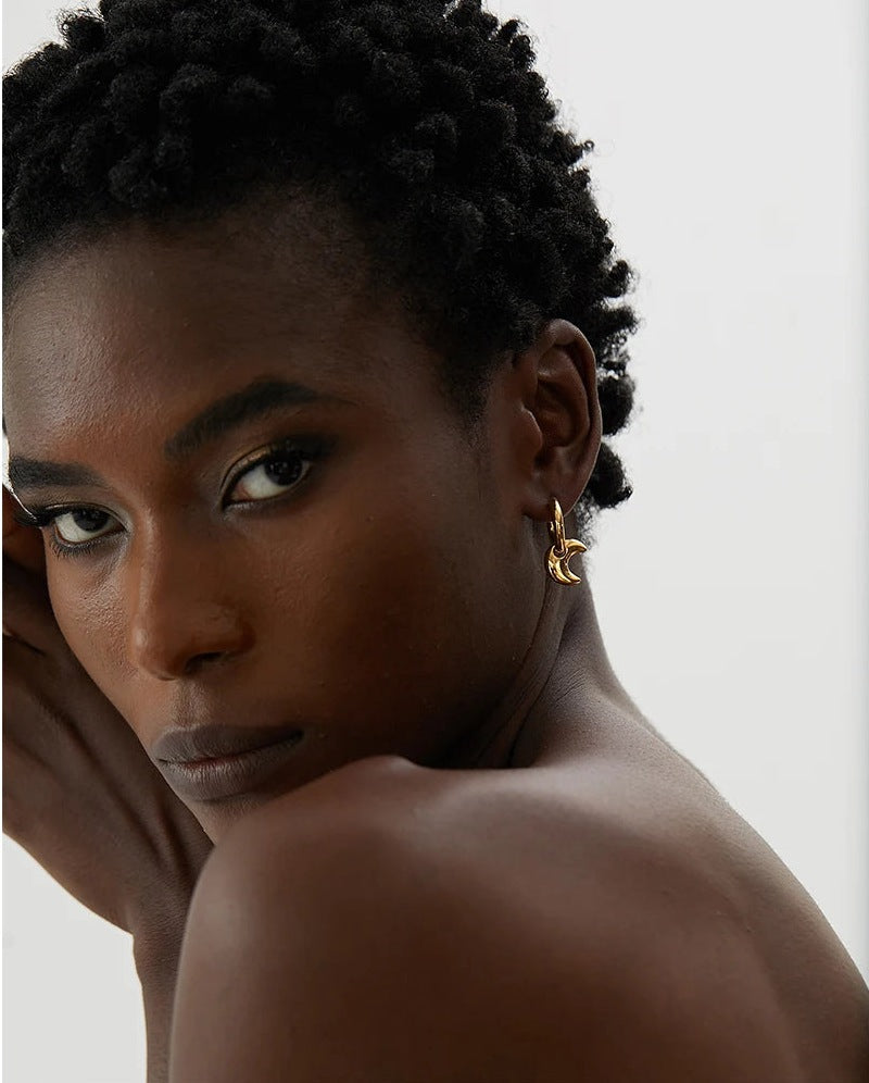 Huggie hoops with charm, worn, portrait – Charmhabit