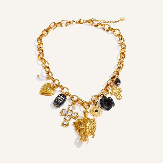 Charm necklace with heart, flower and cross, gold tone – Charmhabit