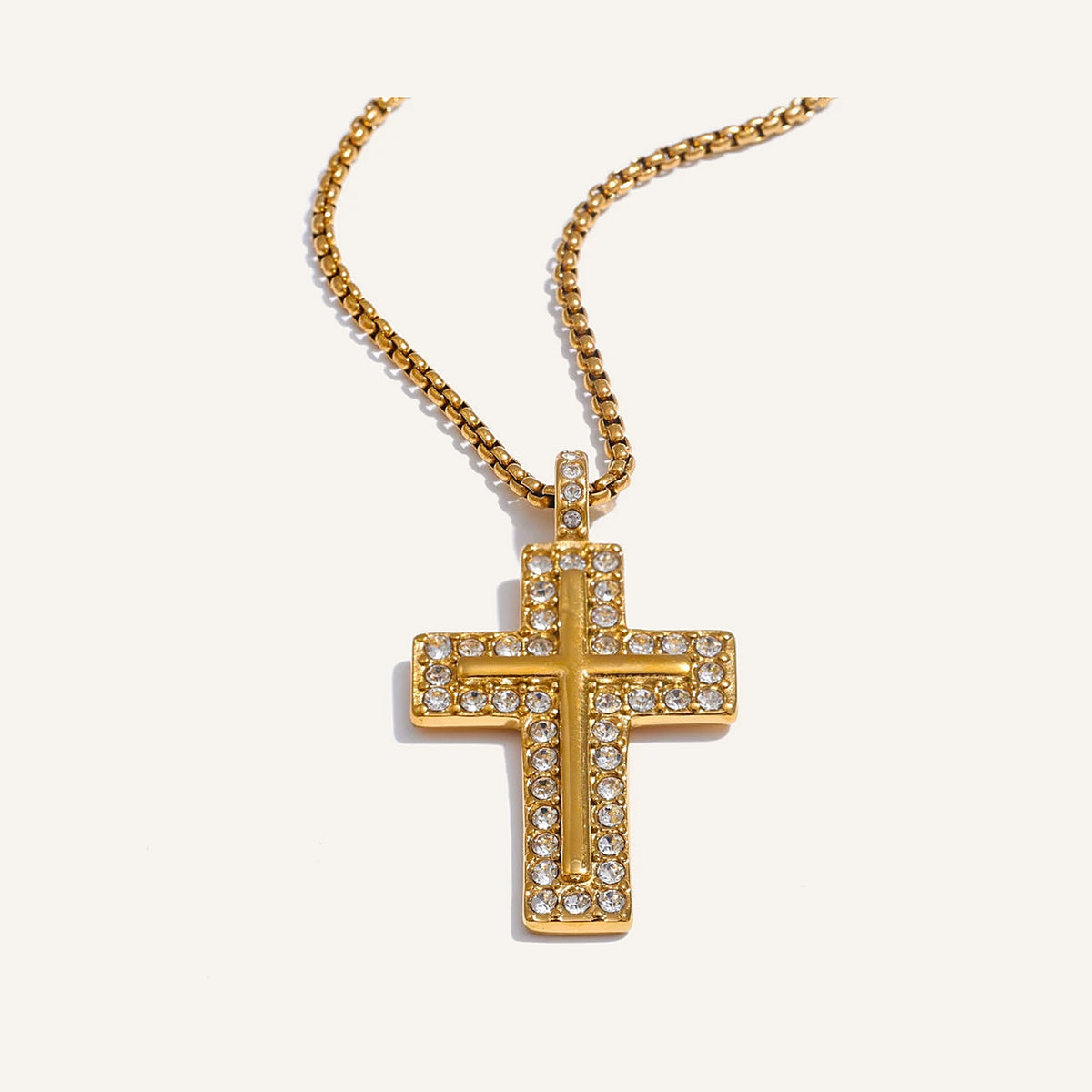 Kette mit großem Zirkonia-Kreuz, goldfarben – Charmhabit