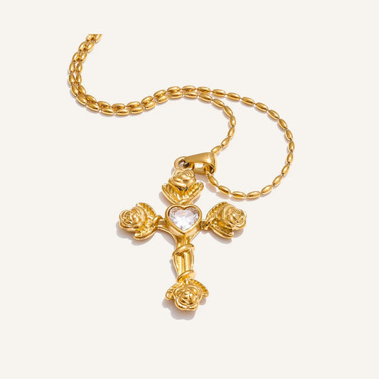 Kreuzkette mit kleinen Rosen und Zirkonia, goldfarben – Charmhabit
