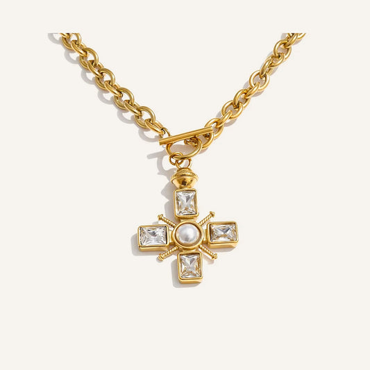 Pearl and Cubic Zirconia Cross Necklace, gold tone – Charmhabit