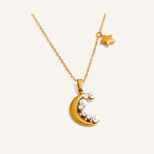 Necklace with Moon, Star and Pearl, gold tone – Charmhabit